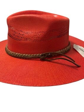 Stetson Red Wide-Brim Straw Hat with Braided Brown Band